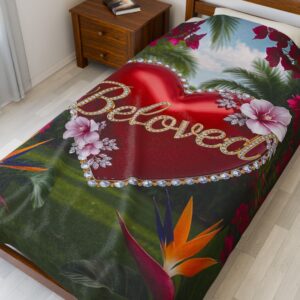 Our Beautiful "Beloved" Inspirational 'Solid RED Heart' Design Velveteen Plush Throw Blanket, Cozy Gift for Anniversary, Home Decor Bedding