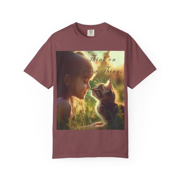 Garment-Dyed Unisex T-Shirt with our 'Kitten Kisses' "Think on these things" design summer Casual Wear, Relaxed Style Inspirational Phil 4:8 - Image 5