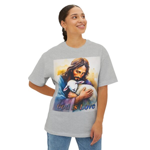 Our "God is Love" series featuring Jesus hugging a precious baby lamb! Inspirational Christian Unisex Tee, Oversized Shirt, Boxy Top - Image 31
