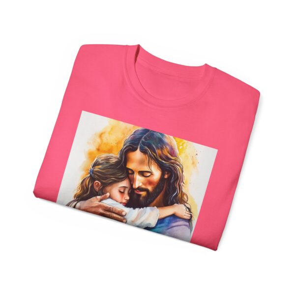 Our "God is Love" series with Jesus hugging a LITTLE GIRL, Inspirational Christian Unisex Cotton T-Shirt, Faith Spiritual Apparel, Love Gift - Image 57