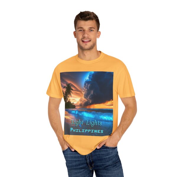 Garment-Dyed Unisex T-Shirt, with our "Night Lights - Philippines" design! Summer Casual Wear, Relaxed Style Inspirational Tropical Beach - Image 18