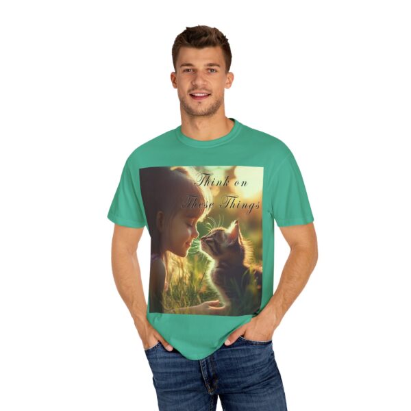 Garment-Dyed Unisex T-Shirt with our 'Kitten Kisses' "Think on these things" design summer Casual Wear, Relaxed Style Inspirational Phil 4:8 - Image 24