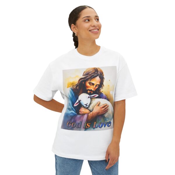 Our "God is Love" series featuring Jesus hugging a precious baby lamb! Inspirational Christian Unisex Tee, Oversized Shirt, Boxy Top - Image 3