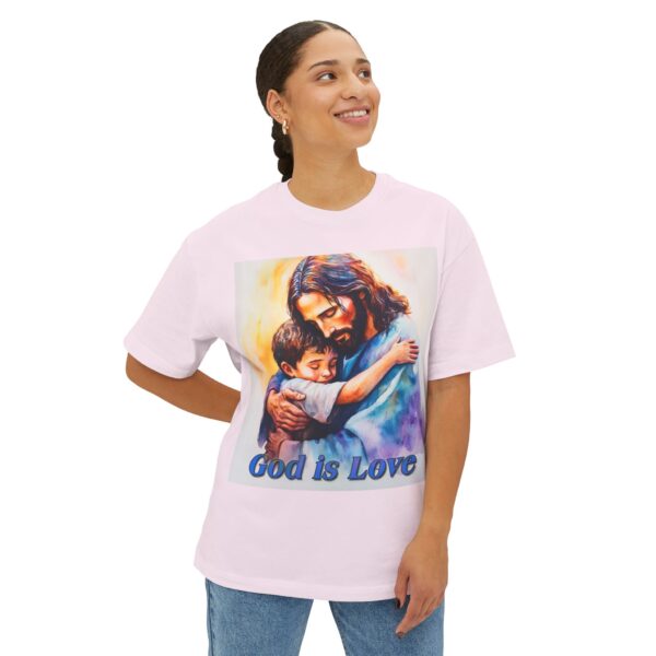 Our "God is Love" series with Jesus hugging a small boy! Christian Unisex Tee, Oversized T-Shirt, Inspirational Shirt, Faith Apparel - Image 7