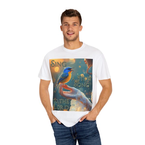Garment-Dyed Unisex T-Shirt, with our 'Song Bird' "Sing a New Song" design! Summer Casual Wear, Relaxed Style Inspirational Phil 4:8 - Image 4