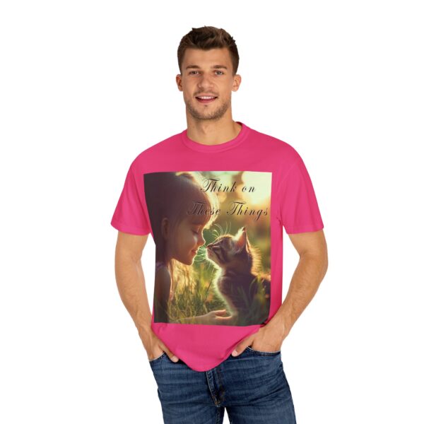 Garment-Dyed Unisex T-Shirt with our 'Kitten Kisses' "Think on these things" design summer Casual Wear, Relaxed Style Inspirational Phil 4:8 - Image 52