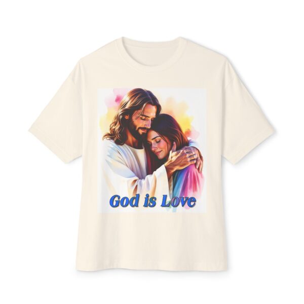Our "God is Love" series featuring Jesus hugging a young lady! Inspirational Christian Unisex Tee, Oversized Shirt, Boxy Top - Image 13