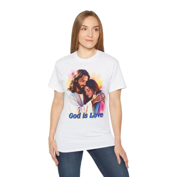 Our "God is Love" series with Jesus hugging a YOUNG LADY, Inspirational Christian Unisex Cotton T-Shirt, Faith Spiritual Apparel, Love Gift - Image 5