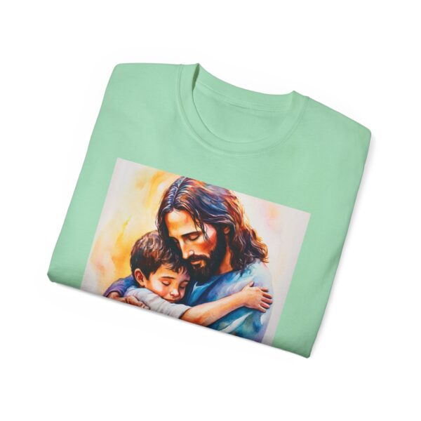 Our "God is Love" series with Jesus hugging a LITTLE BOY Inspirational Christian Unisex Cotton T-Shirt, Faith Spiritual Apparel, Love Gift - Image 4