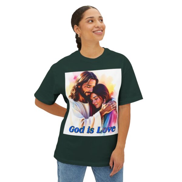 Our "God is Love" series featuring Jesus hugging a young lady! Inspirational Christian Unisex Tee, Oversized Shirt, Boxy Top - Image 27