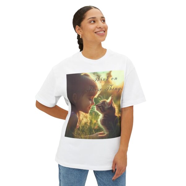 Inspirational Unisex Tee, Oversized T-Shirt for Men and Women, with 'Kitten Kisses' "Think on these things" design Faith Apparel, Biblical - Image 3