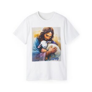 Our "God is Love" series with Jesus hugging a BABY LAMB, Inspirational Christian Unisex Cotton T-Shirt, Faith Spiritual Apparel, Love Gift