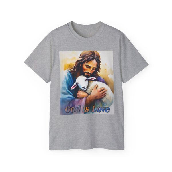 Our "God is Love" series with Jesus hugging a BABY LAMB, Inspirational Christian Unisex Cotton T-Shirt, Faith Spiritual Apparel, Love Gift - Image 5