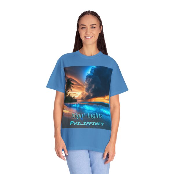 Garment-Dyed Unisex T-Shirt, with our "Night Lights - Philippines" design! Summer Casual Wear, Relaxed Style Inspirational Tropical Beach - Image 5