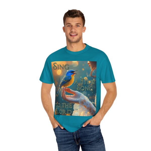 Garment-Dyed Unisex T-Shirt, with our 'Song Bird' "Sing a New Song" design! Summer Casual Wear, Relaxed Style Inspirational Phil 4:8 - Image 28