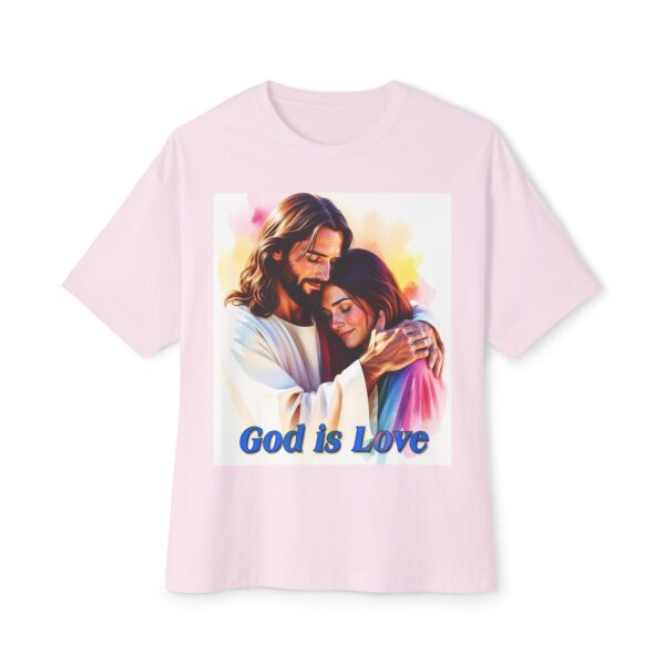 Our "God is Love" series featuring Jesus hugging a young lady! Inspirational Christian Unisex Tee, Oversized Shirt, Boxy Top - Image 5