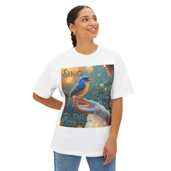 Inspirational Unisex Tee, Oversized T-Shirt for Men and Women, with our 'Song Bird' "Sing a New Song" design! Faith Apparel, Biblical - Image 3