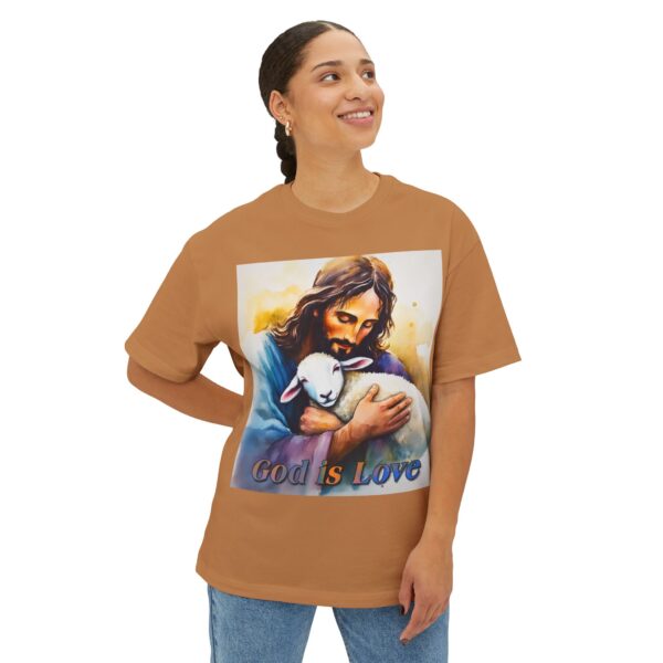 Our "God is Love" series featuring Jesus hugging a precious baby lamb! Inspirational Christian Unisex Tee, Oversized Shirt, Boxy Top - Image 19