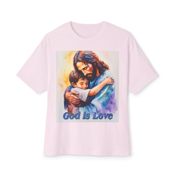 Our "God is Love" series with Jesus hugging a small boy! Christian Unisex Tee, Oversized T-Shirt, Inspirational Shirt, Faith Apparel - Image 5
