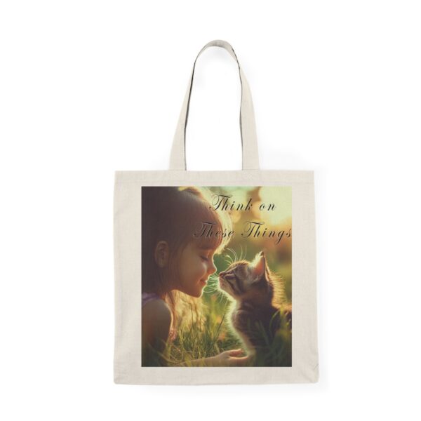 Inspirational Natural Tote Bag 'Kitten Kisses' "Think on These Things" Eco-Friendly Bag Cat Lover Motivational Daily Use Philippians 4:8 - Image 2
