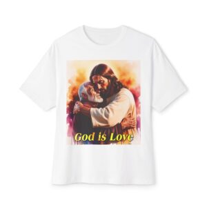 Our "God is Love" series with Jesus hugging Papa! Biblical Unisex Tee Inspirational Christian Tshirt for Men and Women, Boxy Oversized Shirt