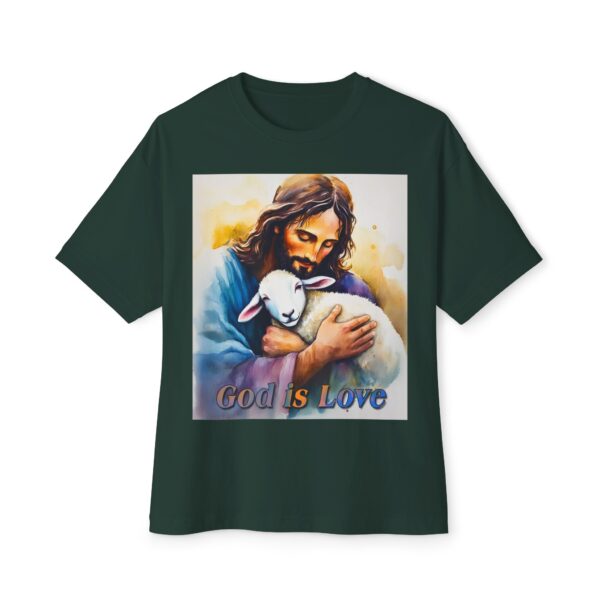 Our "God is Love" series featuring Jesus hugging a precious baby lamb! Inspirational Christian Unisex Tee, Oversized Shirt, Boxy Top - Image 25