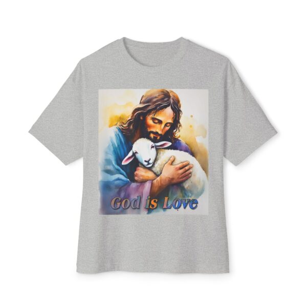 Our "God is Love" series featuring Jesus hugging a precious baby lamb! Inspirational Christian Unisex Tee, Oversized Shirt, Boxy Top - Image 29