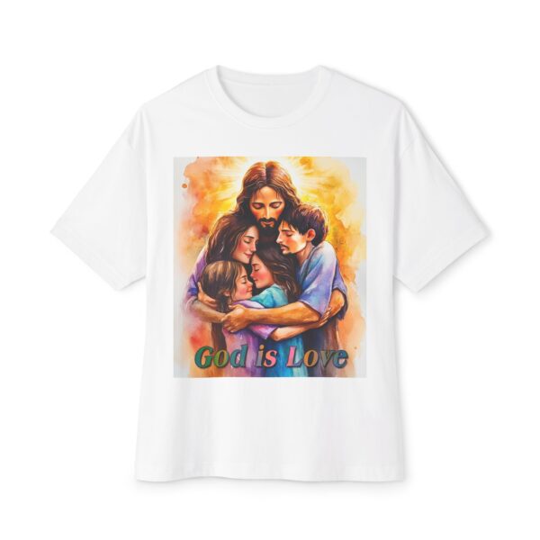 Our "God is Love" series with Jesus hugging a small family! Christian Unisex Tee, Oversized T-Shirt, Inspirational Shirt, Faith Apparel