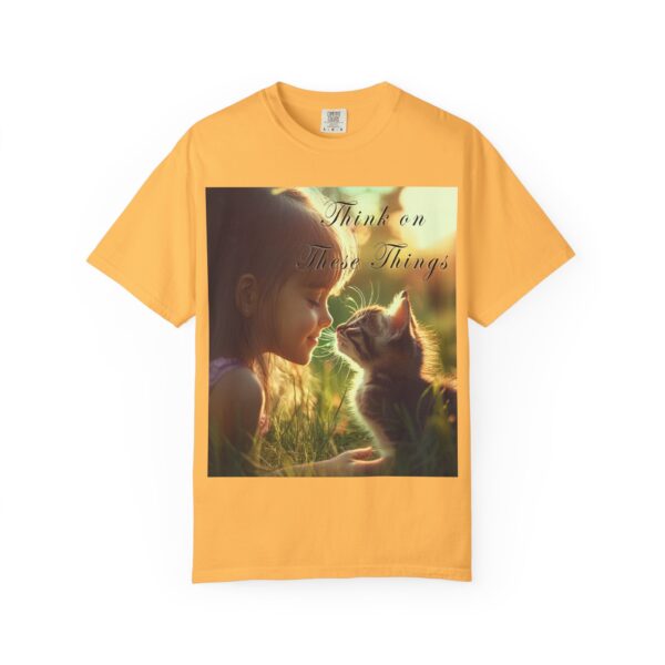 Garment-Dyed Unisex T-Shirt with our 'Kitten Kisses' "Think on these things" design summer Casual Wear, Relaxed Style Inspirational Phil 4:8 - Image 9