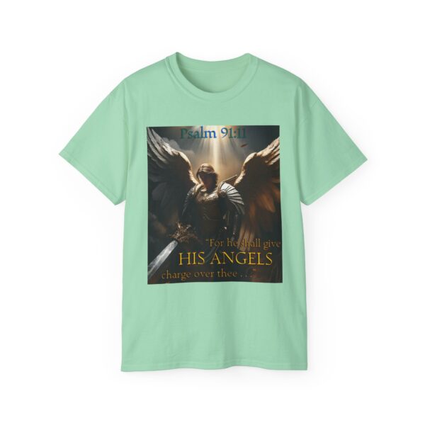 Our Guardian Angel, Psalm 91 "He gives his angels charge over thee" Inspirational Christian Design Unisex Cotton T-Shirt, Faith Apparel - Image 25