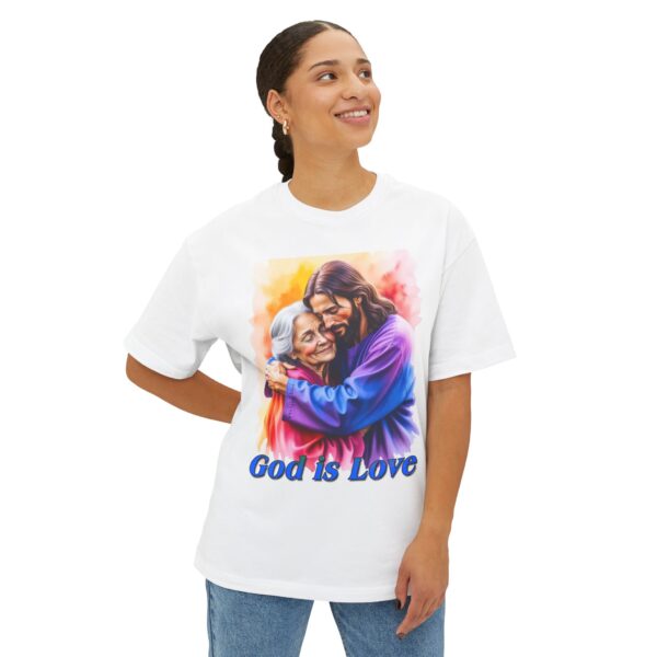 Our "God is Love" series with Jesus hugging Grandmother, Christian Unisex Tee, Oversized T-Shirt, Inspirational Shirt, Faith Apparel - Image 3