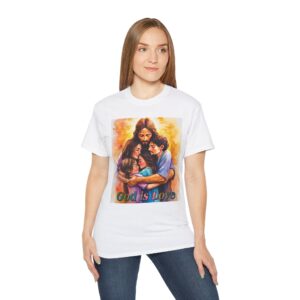 Our "God is Love" series with Jesus hugging a SMALL FAMILY Inspirational Christian Unisex Cotton T-Shirt, Faith Spiritual Apparel, Love Gift