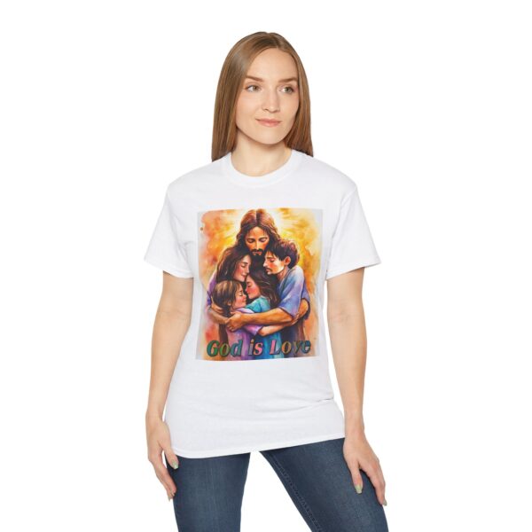 Our "God is Love" series with Jesus hugging a SMALL FAMILY Inspirational Christian Unisex Cotton T-Shirt, Faith Spiritual Apparel, Love Gift