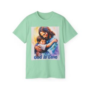 Our "God is Love" series with Jesus hugging a LITTLE BOY Inspirational Christian Unisex Cotton T-Shirt, Faith Spiritual Apparel, Love Gift