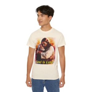 Our "God is Love" series with Jesus hugging PAPA! Inspirational Christian Unisex Cotton T-Shirt, Faith Spiritual Apparel, Love Gift