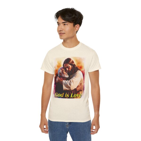 Our "God is Love" series with Jesus hugging PAPA! Inspirational Christian Unisex Cotton T-Shirt, Faith Spiritual Apparel, Love Gift