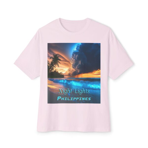 Inspirational Unisex Tee, Oversized T-Shirt for Men and Women, with our "Night Lights-Philippines" design! Beauty of Creation Tropical Beach - Image 5