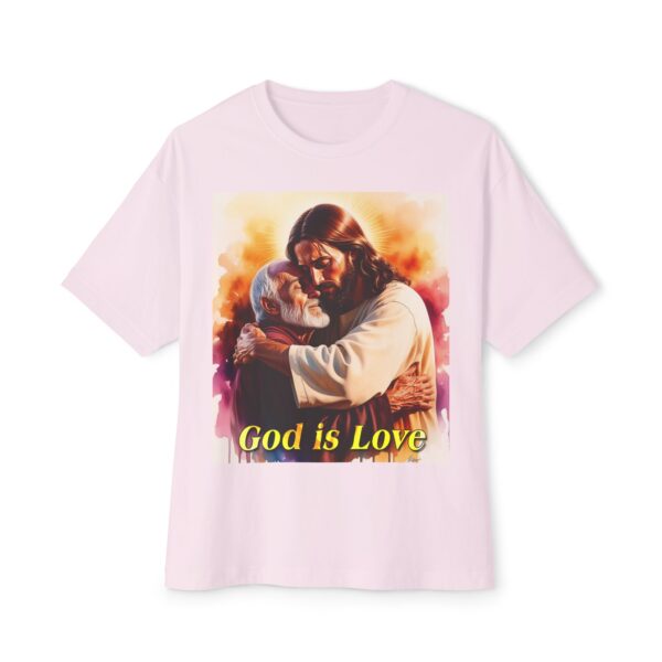 Our "God is Love" series with Jesus hugging Papa! Biblical Unisex Tee Inspirational Christian Tshirt for Men and Women, Boxy Oversized Shirt - Image 5
