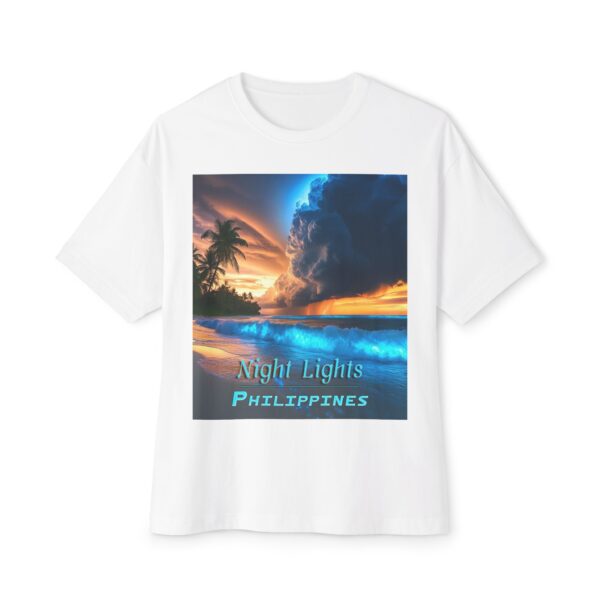 Inspirational Unisex Tee, Oversized T-Shirt for Men and Women, with our "Night Lights-Philippines" design! Beauty of Creation Tropical Beach