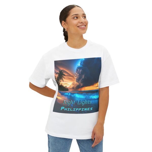 Inspirational Unisex Tee, Oversized T-Shirt for Men and Women, with our "Night Lights-Philippines" design! Beauty of Creation Tropical Beach - Image 3