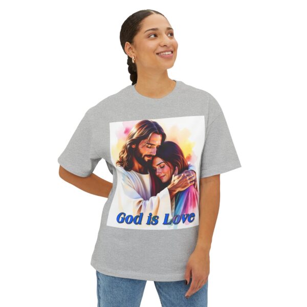 Our "God is Love" series featuring Jesus hugging a young lady! Inspirational Christian Unisex Tee, Oversized Shirt, Boxy Top - Image 31