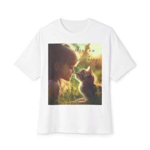 Inspirational Unisex Tee, Oversized T-Shirt for Men and Women, with 'Kitten Kisses' "Think on these things" design Faith Apparel, Biblical