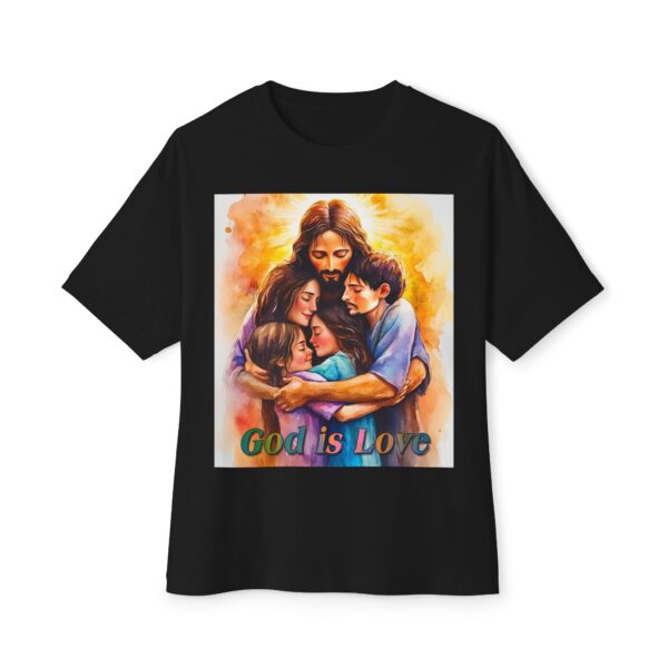 Our "God is Love" series with Jesus hugging a small family! Christian Unisex Tee, Oversized T-Shirt, Inspirational Shirt, Faith Apparel - Image 9