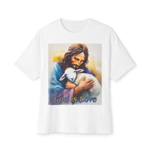 Our "God is Love" series featuring Jesus hugging a precious baby lamb! Inspirational Christian Unisex Tee, Oversized Shirt, Boxy Top