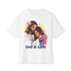 Our "God is Love" series featuring Jesus hugging a young lady! Inspirational Christian Unisex Tee, Oversized Shirt, Boxy Top