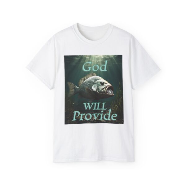 Our "God WILL Provide" design with a Fish with a Coin in its mouth Inspirational Christian Unisex Cotton T-Shirt, Faith Spiritual Apparel - Image 5