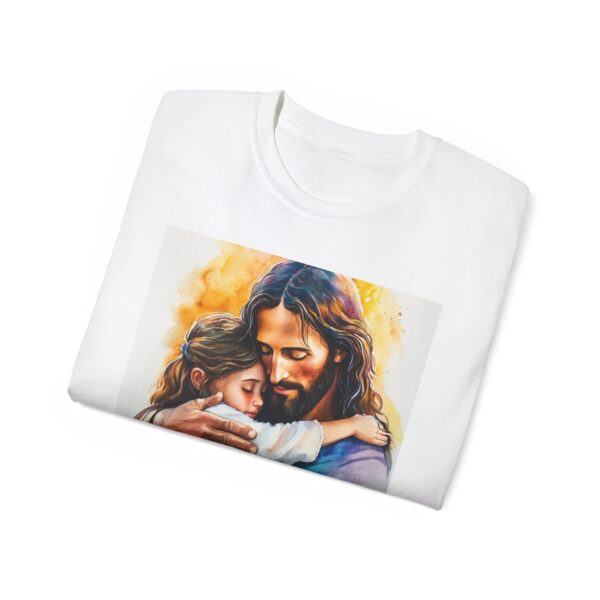 Our "God is Love" series with Jesus hugging a LITTLE GIRL, Inspirational Christian Unisex Cotton T-Shirt, Faith Spiritual Apparel, Love Gift - Image 4