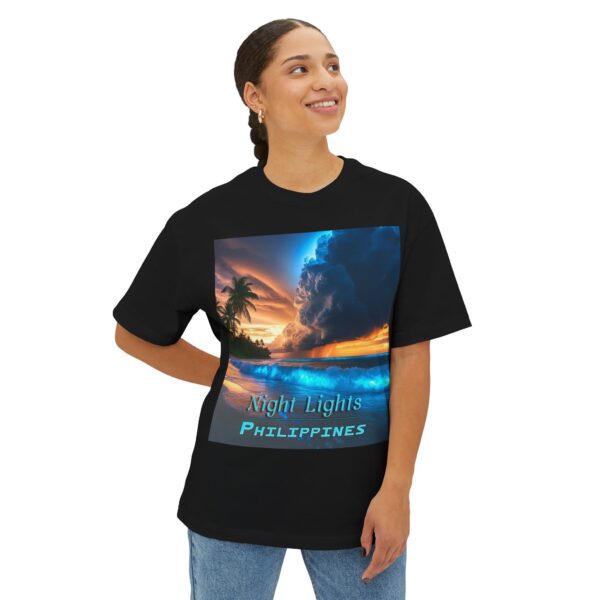 Inspirational Unisex Tee, Oversized T-Shirt for Men and Women, with our "Night Lights-Philippines" design! Beauty of Creation Tropical Beach - Image 11