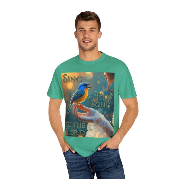 Garment-Dyed Unisex T-Shirt, with our 'Song Bird' "Sing a New Song" design! Summer Casual Wear, Relaxed Style Inspirational Phil 4:8 - Image 24