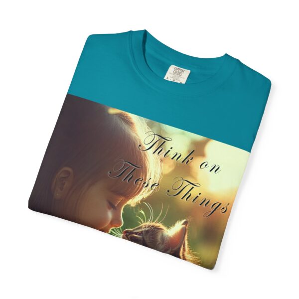 Garment-Dyed Unisex T-Shirt with our 'Kitten Kisses' "Think on these things" design summer Casual Wear, Relaxed Style Inspirational Phil 4:8 - Image 27
